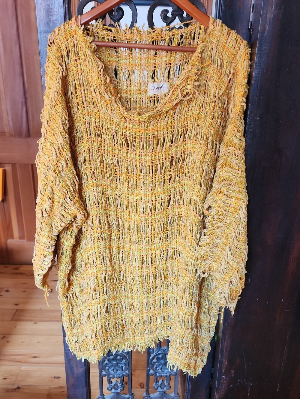 Vintage 80s Citizen Open-Weave Scoop Neck Statement Sweater in Yellow, Gold Silk